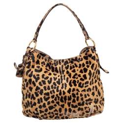 Pre Owned Prada Tan/Black Leopard Print Calfhair Snap Hobo