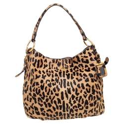 Pre Owned Prada Tan/Black Leopard Print Calfhair Snap Hobo
