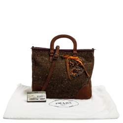 Pre Owned Prada Brown Tweed and Nubuck Leather Trim Small Jewel Embellished Convertible Tote