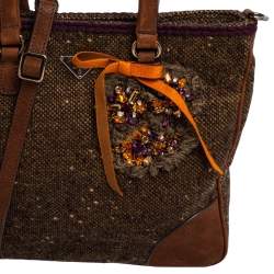 Pre Owned Prada Brown Tweed and Nubuck Leather Trim Small Jewel Embellished Convertible Tote