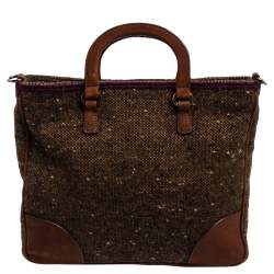 Pre Owned Prada Brown Tweed and Nubuck Leather Trim Small Jewel Embellished Convertible Tote