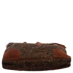 Pre Owned Prada Brown Tweed and Nubuck Leather Trim Small Jewel Embellished Convertible Tote