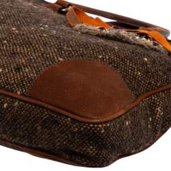 Pre Owned Prada Brown Tweed and Nubuck Leather Trim Small Jewel Embellished Convertible Tote