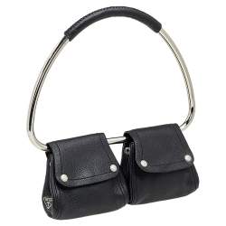 Pre Owned Prada Black Leather Silver Loop Top Handle Bag