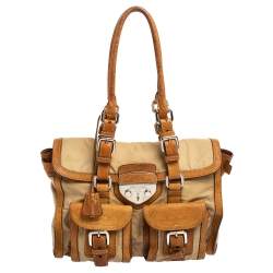 Pre Owned Prada Beige/Brown Nylon and Leather Double Pocket Shoulder Bag