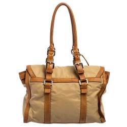 Pre Owned Prada Beige/Brown Nylon and Leather Double Pocket Shoulder Bag