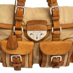 Pre Owned Prada Beige/Brown Nylon and Leather Double Pocket Shoulder Bag
