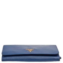 Prada Blue Saffiano Metal Leather Flap Continental Wallet