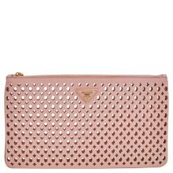 Pre Owned Prada Pink Cutwork Leather Clutch
