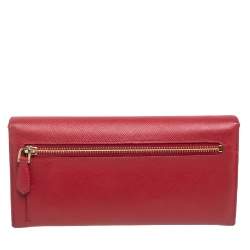 Pre Owned Prada Red Saffiano Lux Leather Bow Flap Continental Wallet