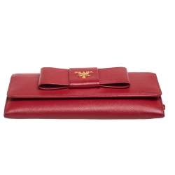 Pre Owned Prada Red Saffiano Lux Leather Bow Flap Continental Wallet