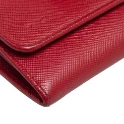 Pre Owned Prada Red Saffiano Lux Leather Bow Flap Continental Wallet