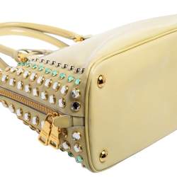 Pre Owned Prada Cream Saffiano Vernic Leather Crystal Embellished Pyramid Frame Satchel