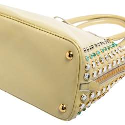 Pre Owned Prada Cream Saffiano Vernic Leather Crystal Embellished Pyramid Frame Satchel
