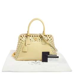 Pre Owned Prada Cream Saffiano Vernic Leather Crystal Embellished Pyramid Frame Satchel
