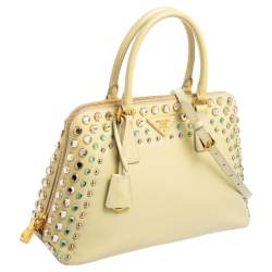 Pre Owned Prada Cream Saffiano Vernic Leather Crystal Embellished Pyramid Frame Satchel