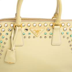 Pre Owned Prada Cream Saffiano Vernic Leather Crystal Embellished Pyramid Frame Satchel