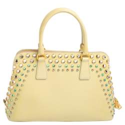 Pre Owned Prada Cream Saffiano Vernic Leather Crystal Embellished Pyramid Frame Satchel