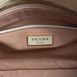 Pre Owned Prada Cream Saffiano Vernic Leather Crystal Embellished Pyramid Frame Satchel