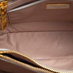 Pre Owned Prada Cream Saffiano Vernic Leather Crystal Embellished Pyramid Frame Satchel