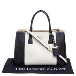 Pre Owned Prada White/Black Saffiano Lux Leather Medium Double Zip Tote