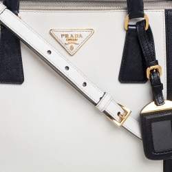 Pre Owned Prada White/Black Saffiano Lux Leather Medium Double Zip Tote