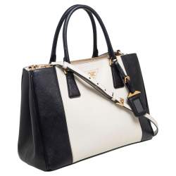 Pre Owned Prada White/Black Saffiano Lux Leather Medium Double Zip Tote