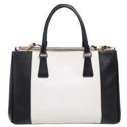Pre Owned Prada White/Black Saffiano Lux Leather Medium Double Zip Tote