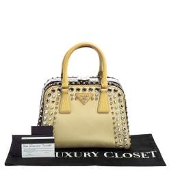 Pre Owned Prada Beige/Black Saffiano Patent Leather Studded Pyramid Frame Satchel