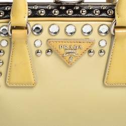 Pre Owned Prada Beige/Black Saffiano Patent Leather Studded Pyramid Frame Satchel