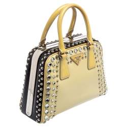 Pre Owned Prada Beige/Black Saffiano Patent Leather Studded Pyramid Frame Satchel