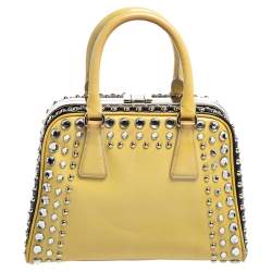 Pre Owned Prada Beige/Black Saffiano Patent Leather Studded Pyramid Frame Satchel