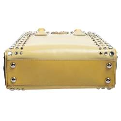 Pre Owned Prada Beige/Black Saffiano Patent Leather Studded Pyramid Frame Satchel