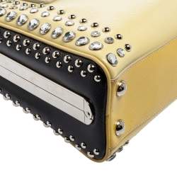 Pre Owned Prada Beige/Black Saffiano Patent Leather Studded Pyramid Frame Satchel