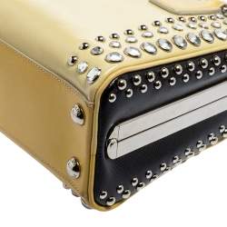 Pre Owned Prada Beige/Black Saffiano Patent Leather Studded Pyramid Frame Satchel