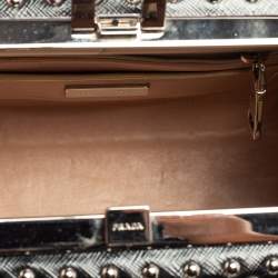 Pre Owned Prada Beige/Black Saffiano Patent Leather Studded Pyramid Frame Satchel