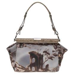 Pre Owned Prada Multicolor Printed Nylon and Crocodile Frame Satchel