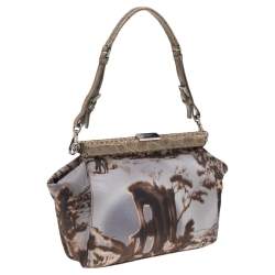 Pre Owned Prada Multicolor Printed Nylon and Crocodile Frame Satchel