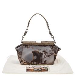 Pre Owned Prada Multicolor Printed Nylon and Crocodile Frame Satchel