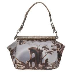 Pre Owned Prada Multicolor Printed Nylon and Crocodile Frame Satchel