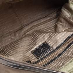 Pre Owned Prada Beige/Metallic Leather and Jacquard Canvas Logo Bauletto Bag