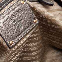 Pre Owned Prada Beige/Metallic Leather and Jacquard Canvas Logo Bauletto Bag
