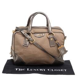 Pre Owned Prada Beige/Metallic Leather and Jacquard Canvas Logo Bauletto Bag