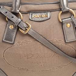 Pre Owned Prada Beige/Metallic Leather and Jacquard Canvas Logo Bauletto Bag