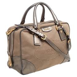 Pre Owned Prada Beige/Metallic Leather and Jacquard Canvas Logo Bauletto Bag