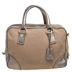 Pre Owned Prada Beige/Metallic Leather and Jacquard Canvas Logo Bauletto Bag