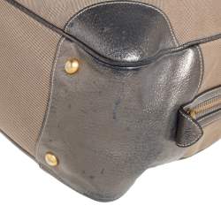 Pre Owned Prada Beige/Metallic Leather and Jacquard Canvas Logo Bauletto Bag