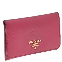 Pre Owned Prada Pink Saffiano Leather Flap Business Card Holder