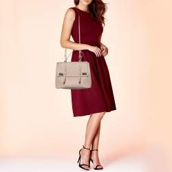 Pre Owned Prada Beige Saffiano Cuir Leather Double Turn Lock Top Handle Bag