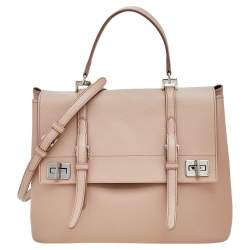 Pre Owned Prada Beige Saffiano Cuir Leather Double Turn Lock Top Handle Bag